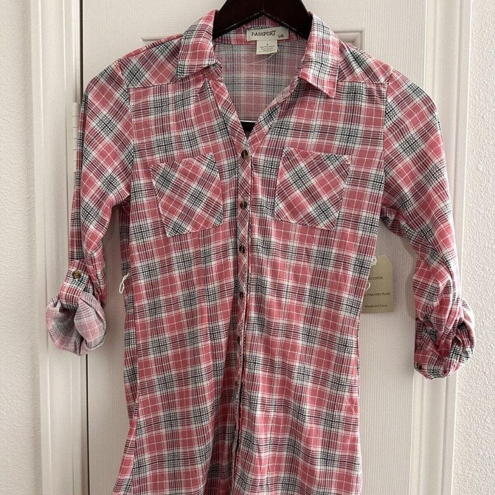 Passport Girl - Pink/Grey Plaid Flannel Button-Up Blouse, Large